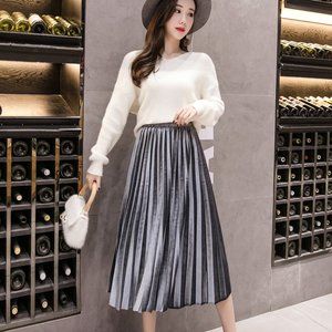 High Waist Velveted Long Maxi Pleated Skirt